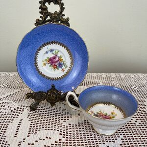 Vintage GROSVENOR Blue and Gold Floral Tea Cup  and Saucer | English Bone teacup